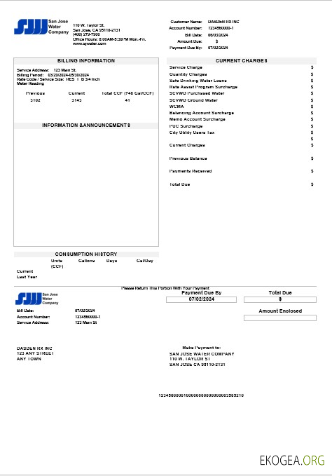 Modèle de facture de services publics d'entreprise USA California San Jose Water aux formats Word et PDF